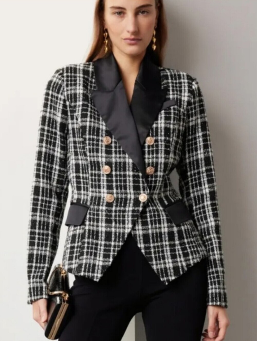 Rachel Parcell Double Brested Satin Lapel Black and White Checkered Tweed Blazer